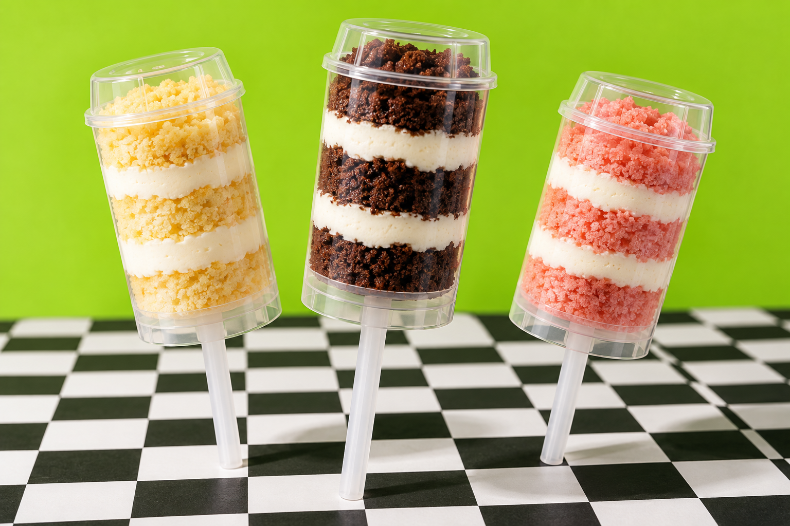 Illustrative studio image of vanilla, chocolate and strawberry cake push pops on a checkered surface